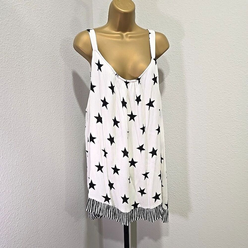 Lane Bryant Cottage Camisole Tank Womens Size 24 Cream Black Star Stripes Ruffle